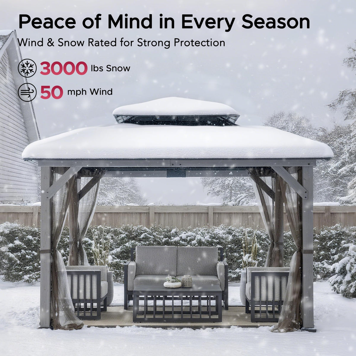 SUNJOY 10x12 Hardtop Wood Gazebo with Galvanized Steel Roof, LED String Lights & Mosquito Netting, Outdoor Permanent Pavilion Cedar Gazebo for Backyard, Garden, Patio, Deck, Lawn - Matte Black Roof