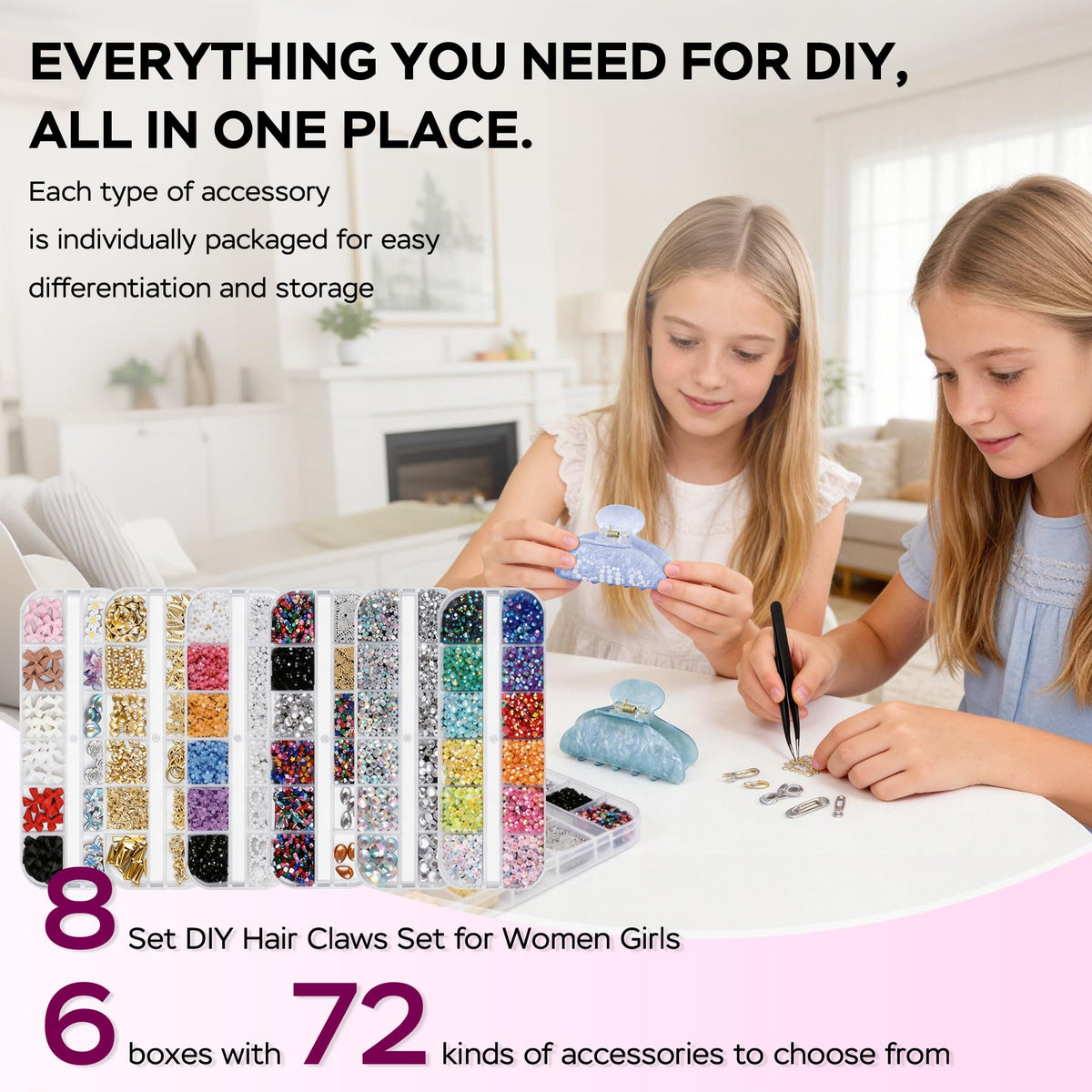 8 Sets DIY Hair Claw Clips Kit for Crafts, Acrylic Claw Clips Bulk with 72 Accessories & 4 Tools, Custom Hair Clip Making Kit, Resin Rhinestone Decor Claw Clip Set for Women Adults DIY Craft
