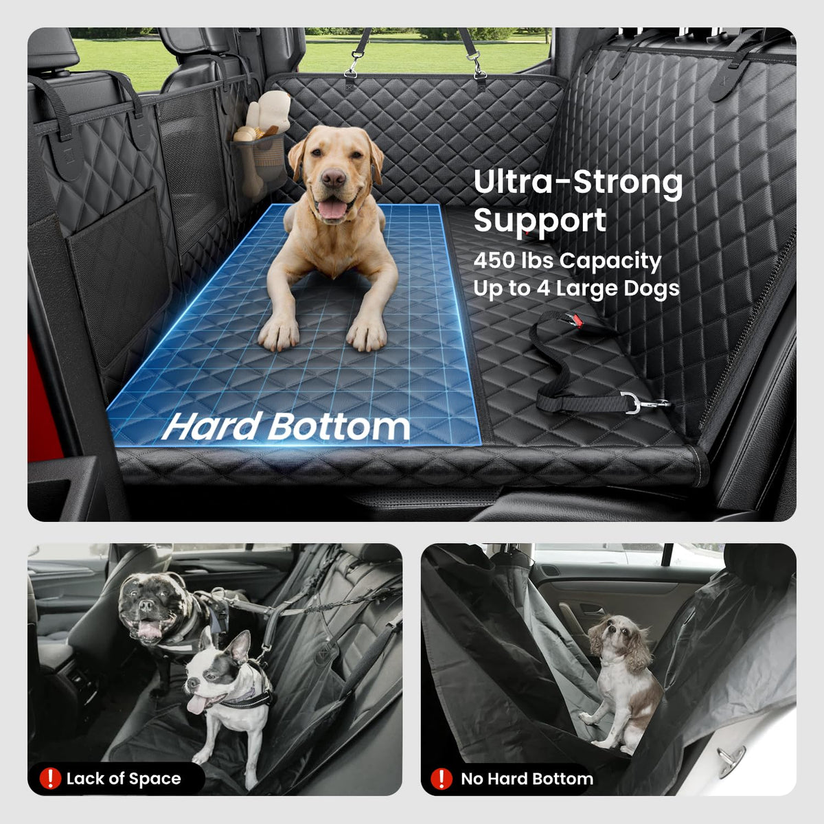 REEVAA Dog Truck Seat Cover for Back Seat, Hard Bottom Dog Hammock for Car, Pet Bed Extender for 2-4 Large Dogs, Waterproof Seat Protector, Universal XL Size Fits for Crew Cab Truck/SUV, Black