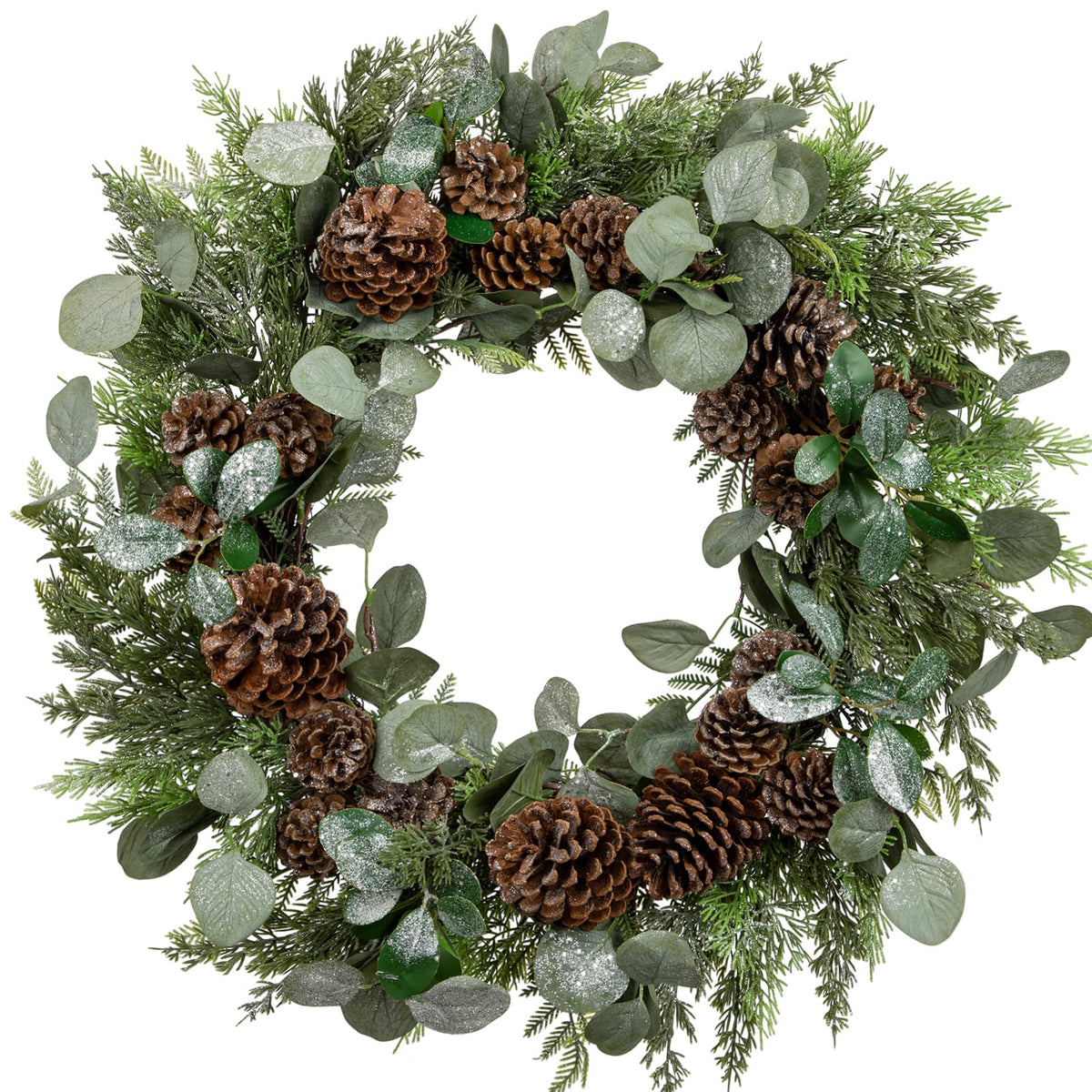 Briful Artificial Christmas Wreath 24 Inch Large Front Door Wreath with Glittering Eucalyptus Green Leaves Pine Branches Pine Cones for Home Room Mantle Wall Window Xmas Indoor Outdoor Decor