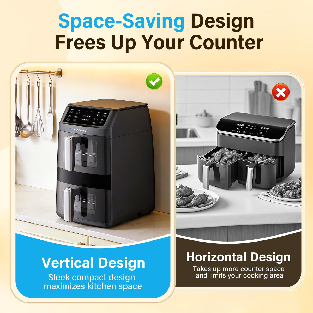 11QT Air Fryer Dual Large Basket Design (Deep Top & Long Bottom) for Whole Chicken & Ribs,430°F High-Heat Broil, 360° Rapid Circulation, 6 in 1 Preset Function, Family Meals, PFAS Free Nonstick