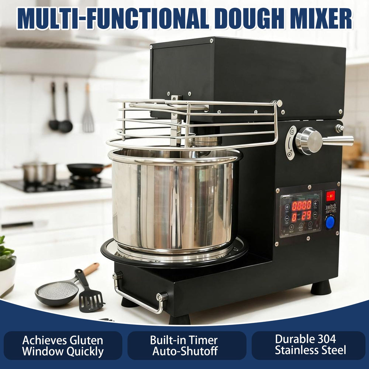 USAJZM 5.2-Quart Commercial Dough Maker, Electric Kitchen Stand Mixer, Heavy-Duty Bread Kneader Machine with Stainless Steel Bowl, Beaters for Baking Pizza, Pasta and Food Mixing