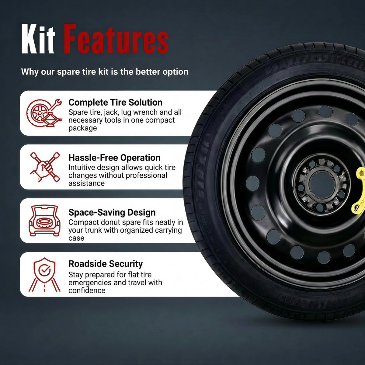 YIFSPARE Spare Tire Kit Compatible with 2018-2026 Forester, 2024-2026 Crosstrek - Includes 18x4 Rim, 145/85R18 Spare Wheel, 27.7" Rolling Diameter, Includes car Jack kit and Spare tire Carrying Case.