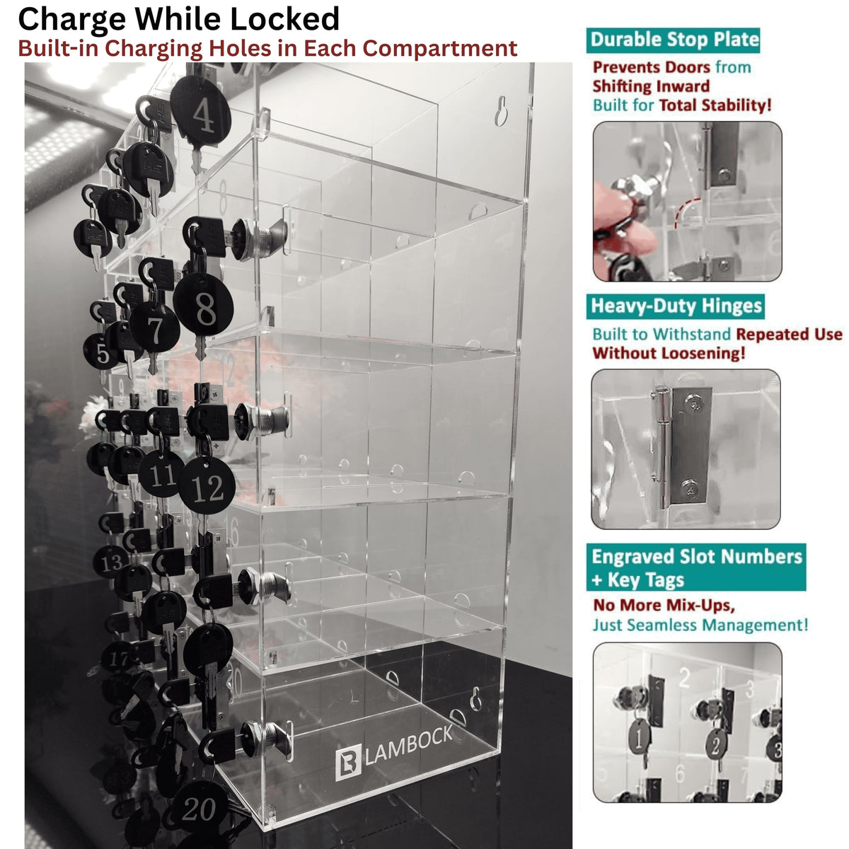LAMBOCK Cell Phone Lock Box for Classrooms & Offices – 20-Box Charging Locker for Employees & Students, Portable Phone Jail Lockbox with Large 8x4x4 Boxes | Up to 100 Phones Capacity