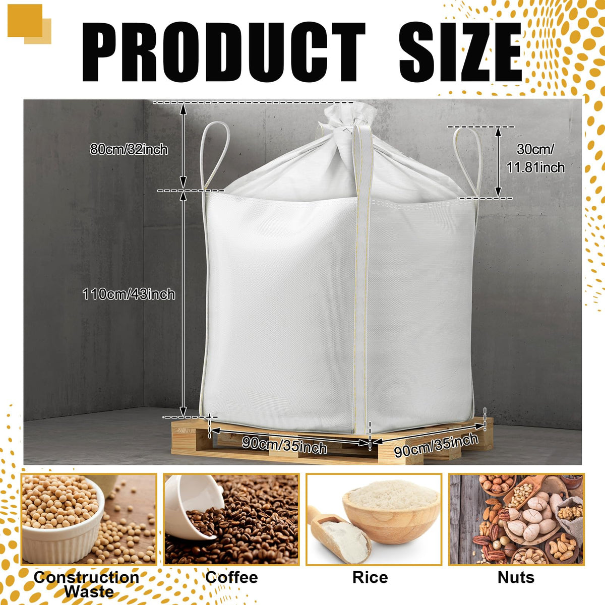 Hoolerry 10 Pcs FIBC Bulk Bag, 1.5 Ton 35" L x 35" W x 43" H 3300lbs Construction Dumpster Bag Heavy Duty Large Duffle Top Flat Bottom Woven Polypropylene Container for Sand Concrete Industrial