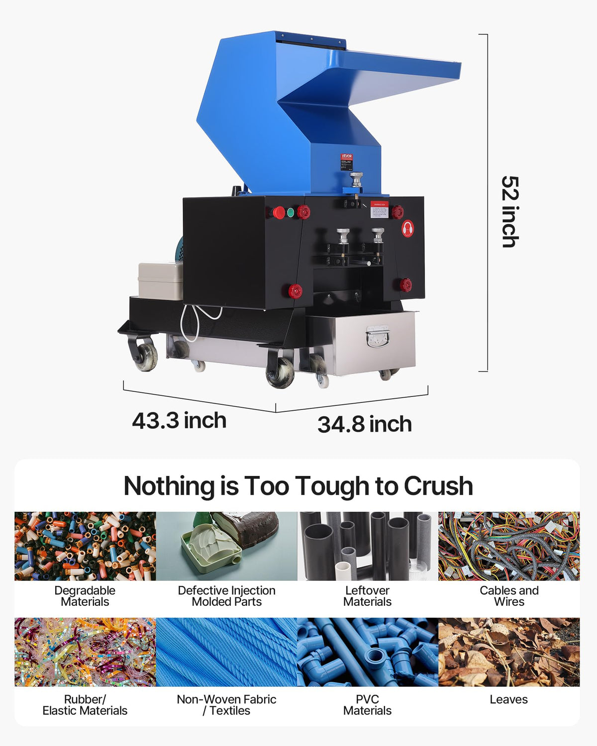 VEVOR Plastic Shredder Crusher, 10HP/7.5KW Plastic Grinder Granulator, 250-450kg/h Capacity Pulverizer Recycling Machine with Wheels, SDK-11 Blade & 10mm Mesh for PVC PTFE (220V 60Hz 3-Phase)