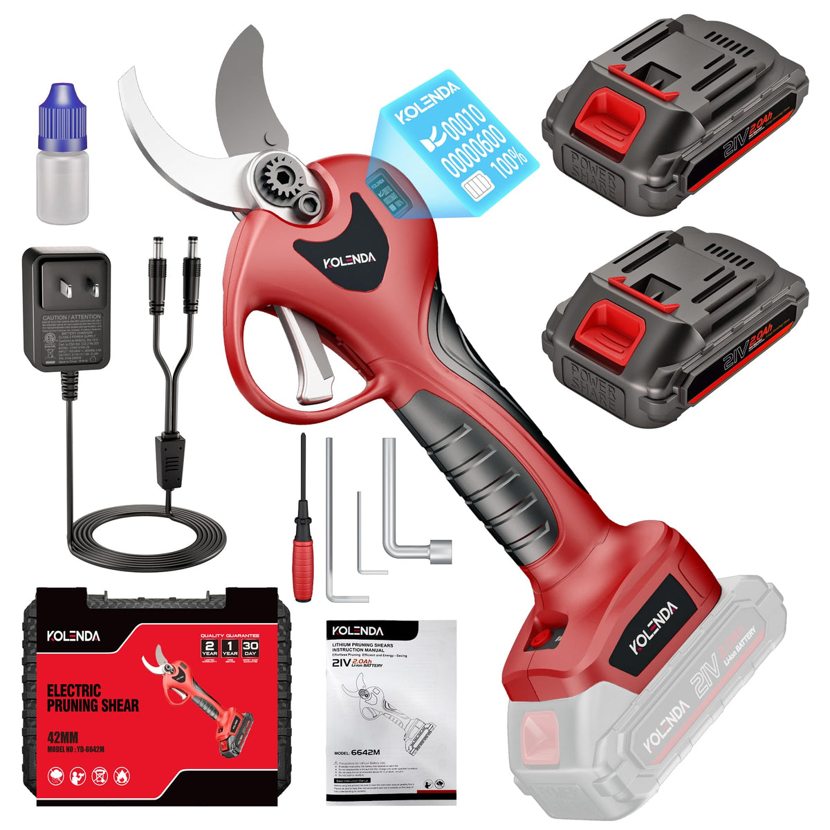 KOLENDA 21V Cordless Electric Pruning Shears 42mm(1.65") Cut Diameter, Battery Powered Pruning Shears with Adjustable Blades, Brushless Motor 2Pack 2AH Rechargeable Battery-LCD Display Screen (6642M）