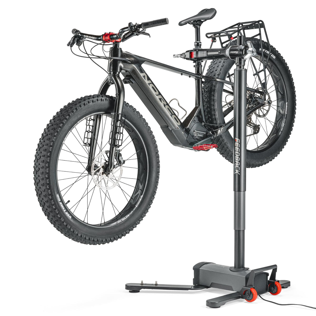 Feedback Sports | Pro E Lift Bike Repair Stand | Electric Height Adjustment, 100 lb Capacity, Speed Ratchet Clamp, Ideal for E-Bikes and Home Workshops