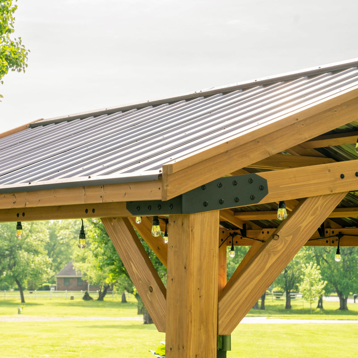 Backyard Discovery Norwood 10' x 10' Cedar Wood Outdoor Gazebo Pavilion with Hardtop Galvanized Steel Peak Roof, Snow Support, Wind Resistance, PowerPort, Shade for Garden, Patio, Deck, Entertaining