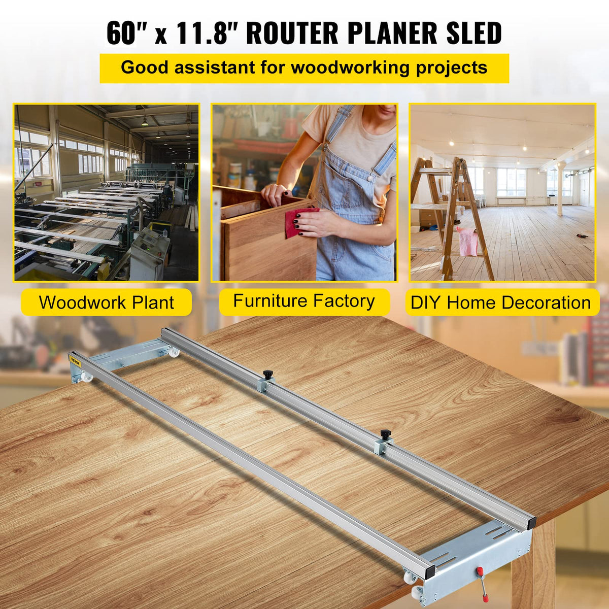 VEVOR Router Sled, 64 inches / 162.6cm Width, Slab Guide Jig for Woodworking with Locking Function, Portable and Easy to Adjust, Trimming Planing Machine for Wood Flattening, Home DIY
