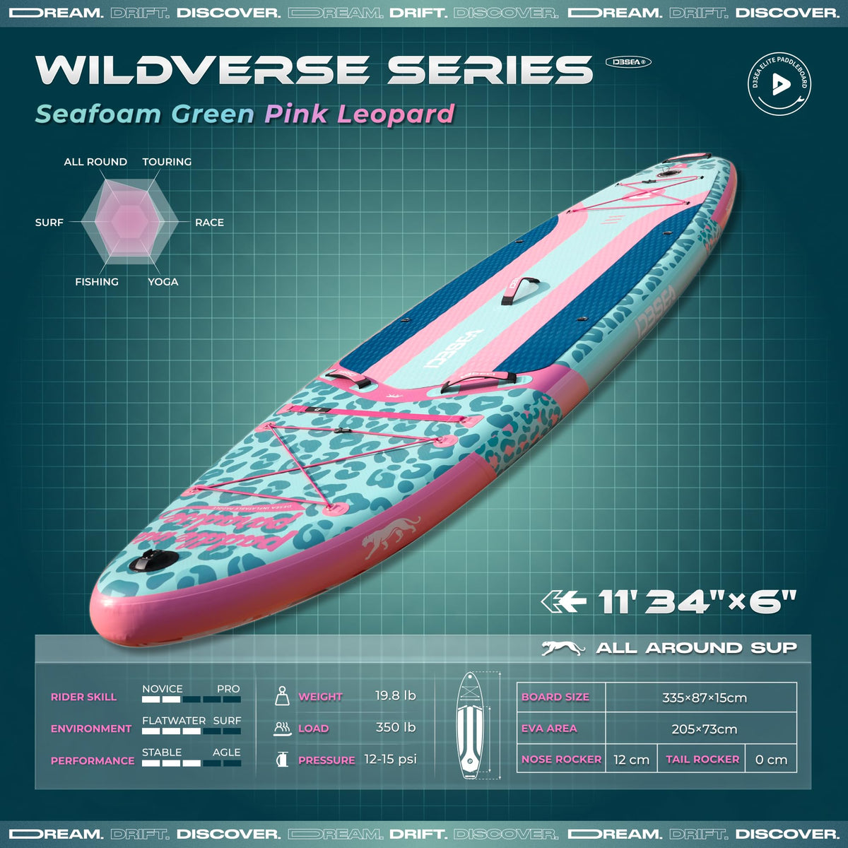 D3SEA 11 ft Inflatable Paddle Board with SUP Accessories, Extra Long Non Slip EVA Deck, Extra Wide iSUP, All Around Paddleboard for Adults &Youth (Seafoam Green Pink Leopard, 11' × 34" × 6")