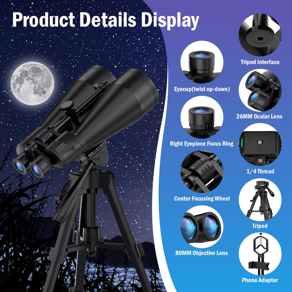 20x80 Astronomy Binoculars for Adults, High Power Stargazing Binoculars with Bak4 Prism, Low Light Vision for Moon Observation & Wildlife Watching, Includes Tripod,Tripod Adapter and Carrying Case