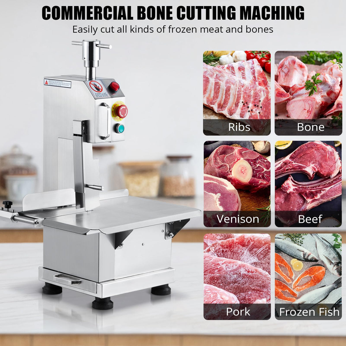 850w Commercial Electric Meat Bandsaw, Stainless Steel Countertop Bone Sawing Machine with 19.1 x 14.2 In Workbench, 4 Inch Max Cutting Thickness Frozen Meat Cutter for Rib Pork Beef