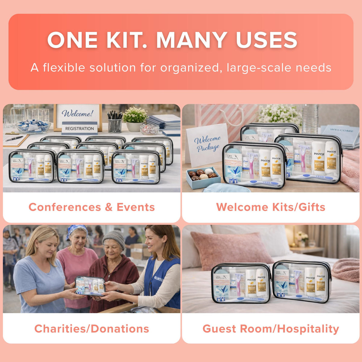 TrekTote Bulk Women’s Hygiene Kits 15 Piece Travel Toiletry Kit with Shampoo Conditioner Body Wash Lotion Deodorant Razor Toothbrush Toothpaste Comb Flossers Swabs Bandages Wipes