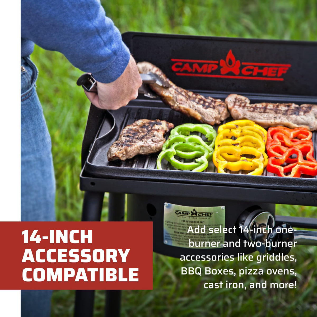 Camp Chef Explorer, Two Burner Stove, Two 30,000 BTU's cast-aluminum burners, Cooking Dimensions: 14 in. x 32 in, Black