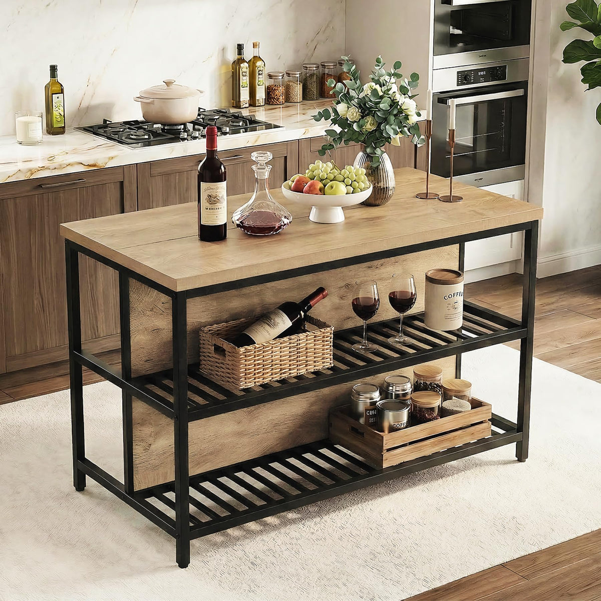 LITTLE TREE 55-Inch Kitchen Island Table with Storage, 3-Tier Stationary Center Island Table with Metal Base, Farmhouse Rustic Kitchen Island, Brown