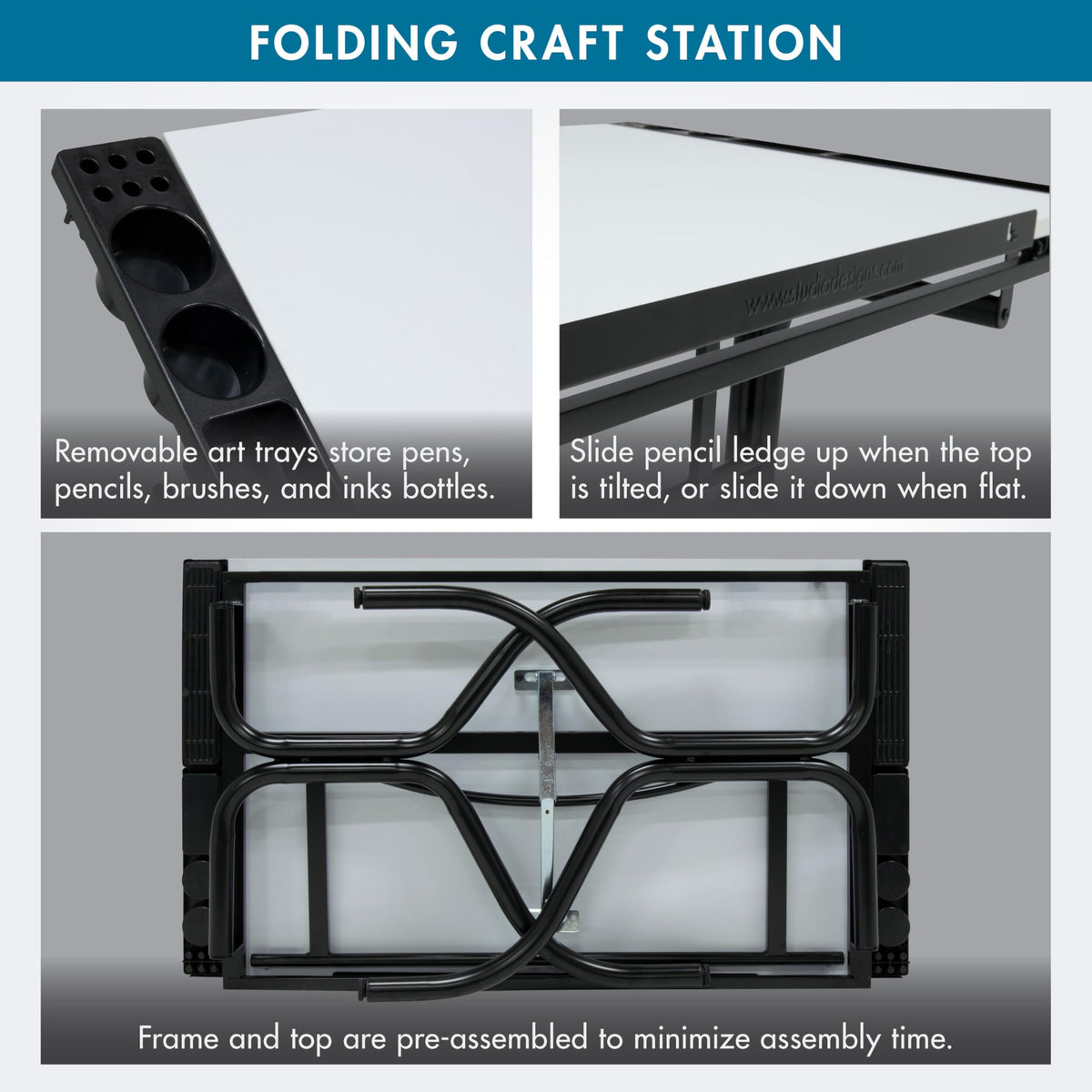 Studio Designs Folding Modern Top Adjustable Craft Drafting Table, 35.25" W x 23.75" D, Black/White
