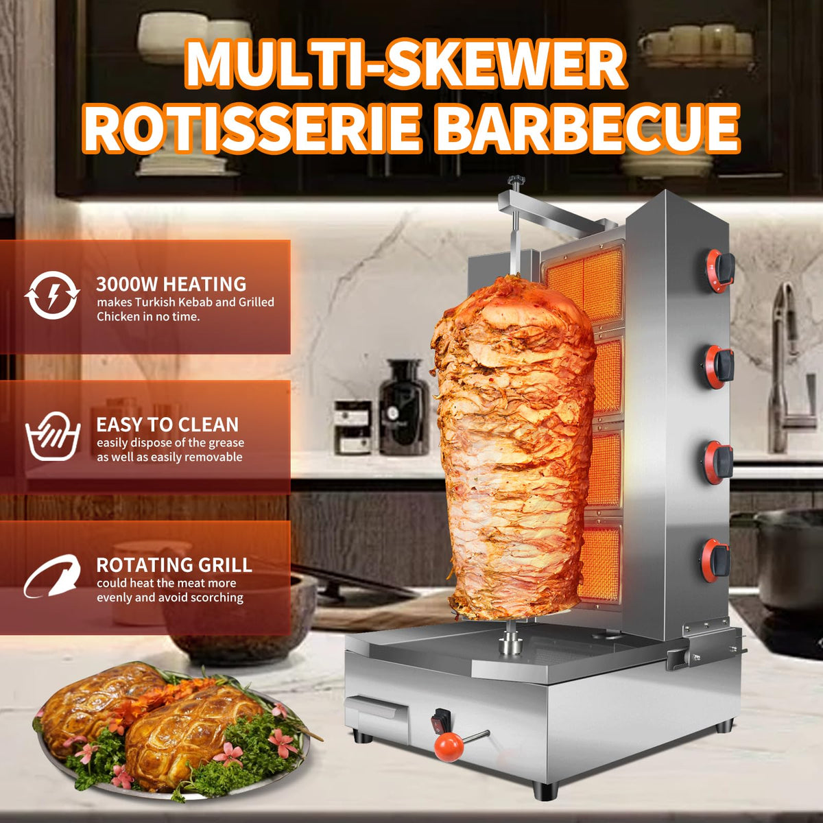 Li Zhen 4 Burners Shawarma Grill Machine Commercial Large Rotisserie Grill Kebab Vertical Rotisserie Propane Turkish Chicken Doner Kebab Broiler for Kitchen Restaurant