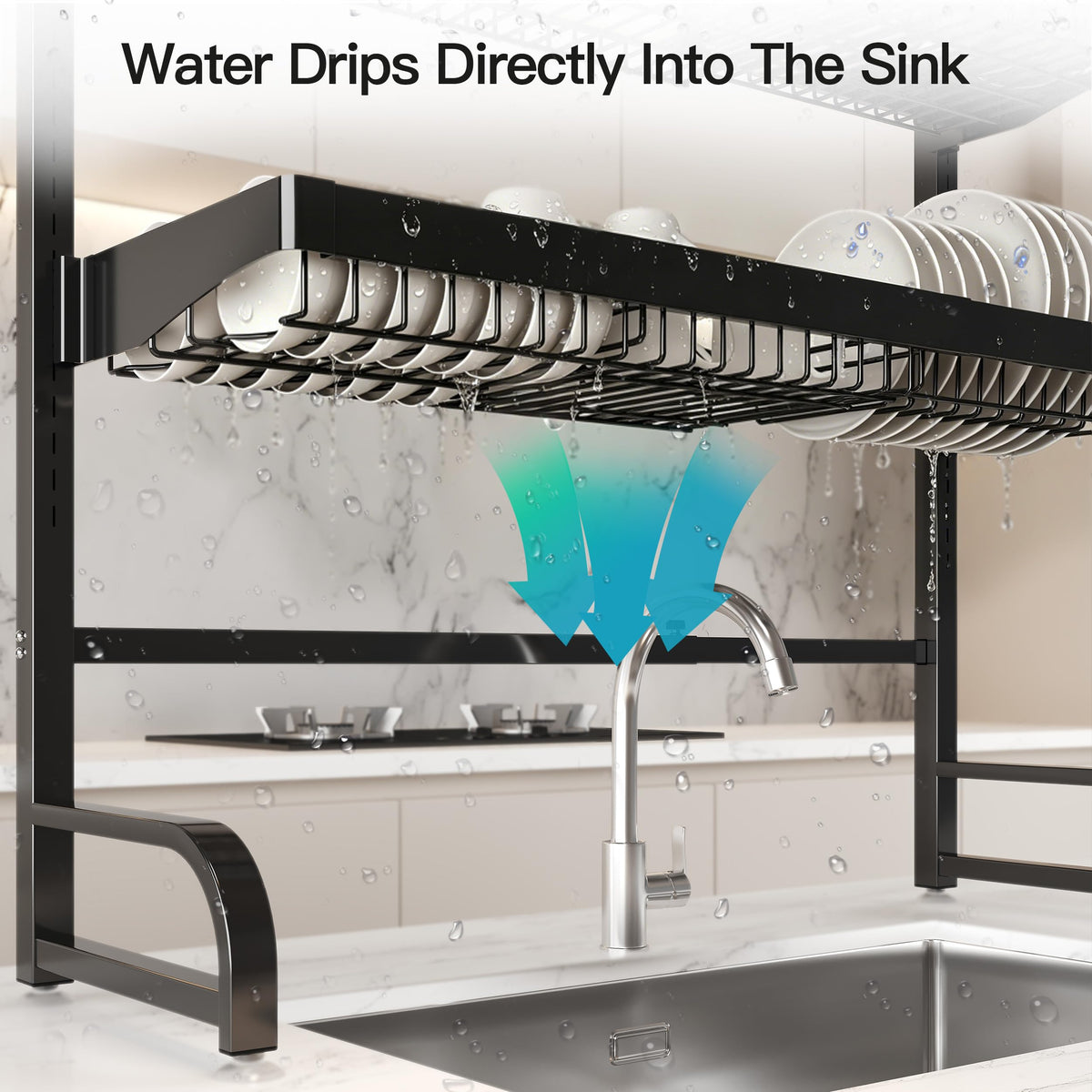 MAJALiS 3 Tier Extra Large Stainless Steel Expandable Over The Sink Dish Drainer Drying Rack, Rust Proof Metal, Space Saving, Modern Black Big Capacity Extendable Plate Strainers Above Counter