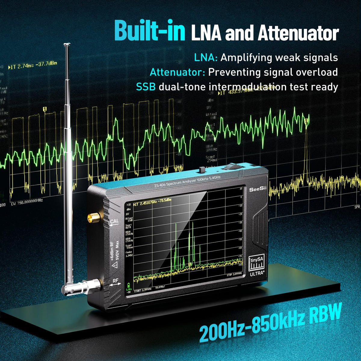 SeeSii TinySA Ultra+ ZS406 Spectrum Analyzer with 50W Attenuator, 4.0 Inch 100kHz to 5.4GHz Handheld Tiny Frequency Analyzer with 32Gb Card,100kHz to 800MHz MF/HF/VHF UHF Input, 2025 Upgraded