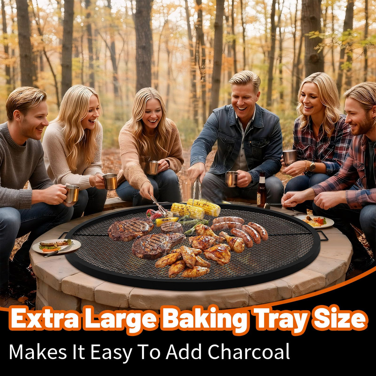Ferrochef 40 Inch Fire Pit Grill Grate Fire Pit Cooking Grate Heavy Duty Steel Campfire BBQ Grill Grid with Handles for Outdoor Camping Cooking (Infoldable Round)