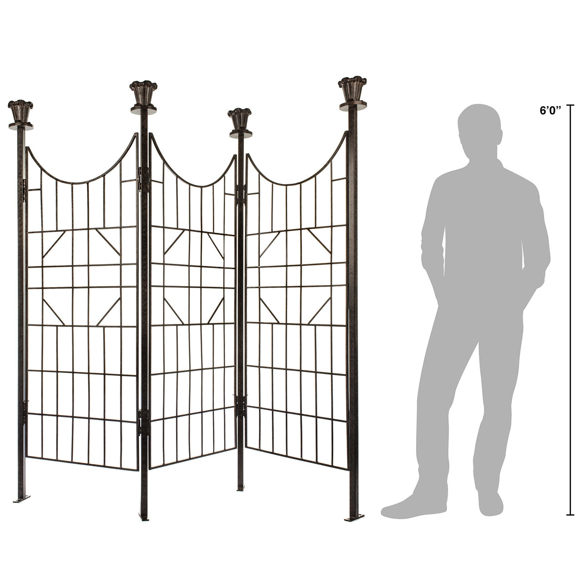 H Potter 3-Panel Outdoor Privacy Screen Trellis, 7 ft W x 6.5 ft H, 70-lb Heavy Iron Garden Screen for Patio, Deck & Hot Tub, Straight or Curved Config, Ground Spikes