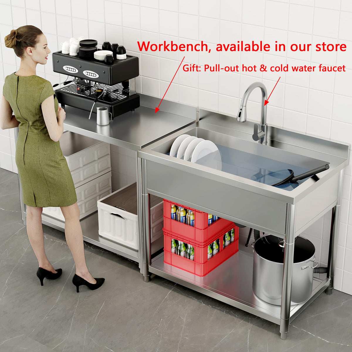 Stainless Steel Utility Sink, Large Freestanding Laundry Sink with Pull-out Faucet for Kitchen, Bathroom, Laundry Room, Garage, Outdoor/Indoor Use, Pet Cleaning, D21.65 x W35.43 x H36.61 inch