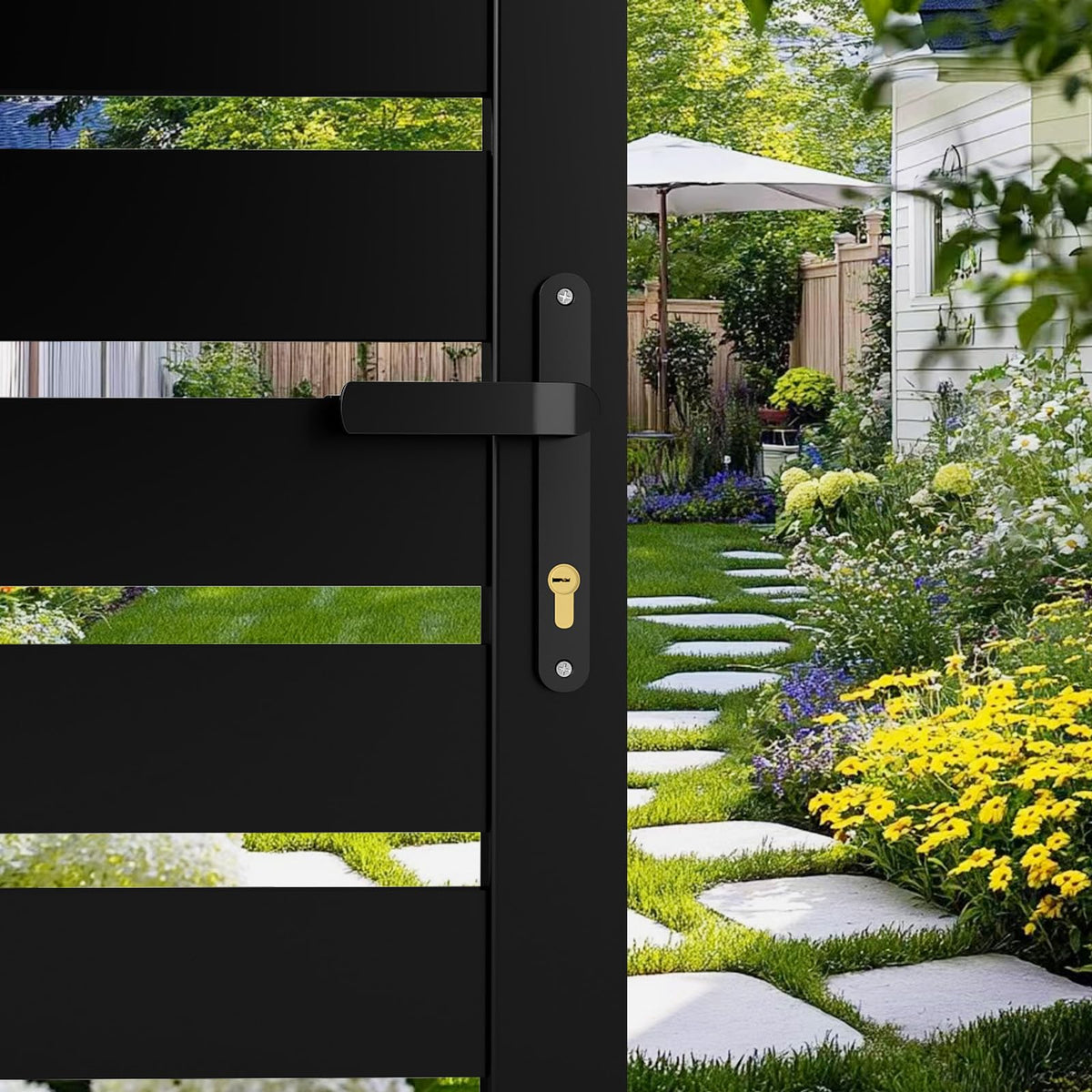 Mondaria Aluminum Double Fence Gate, 6FT H x 8FT W Outdoor Driveway Privacy Gate with Heavy Duty Metal Frame, Rustproof Powder-Coated Gate with Lockable Handle Kit, Horizontal Slat (Without Post)