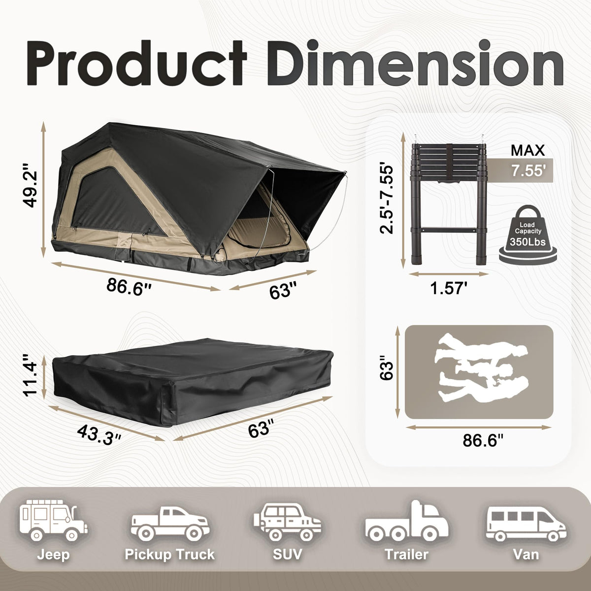 Inflate Rooftop Tent, Soft Shell Roof Top Tent for 2-3 Person, with Aluminum Telescopic Ladder, LED Strip Light, Skyview Window, Memory Mattress, for Car, Truck, Jeep, SUV, Van