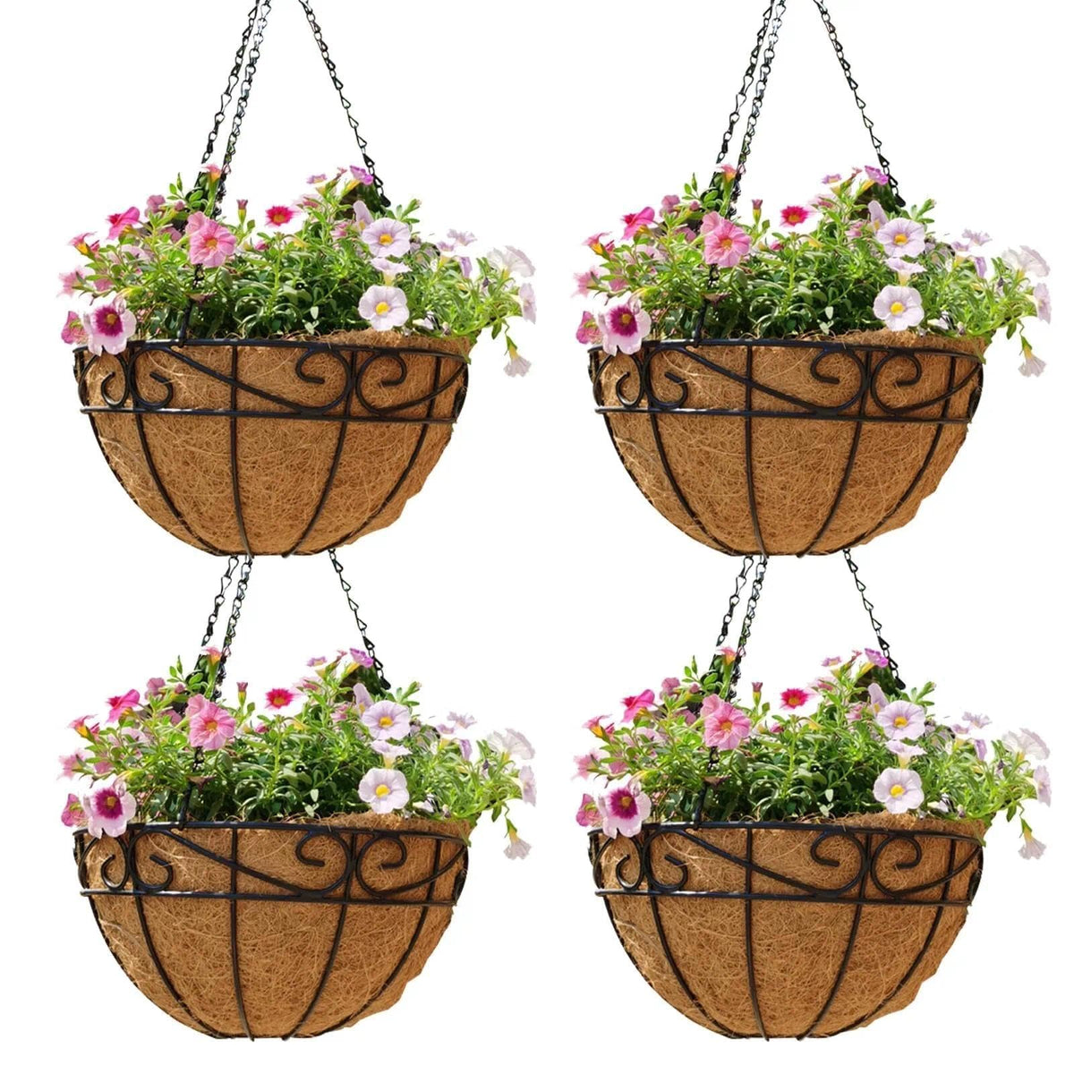 Qusuxi 4 Pack 10 Inch Hanging Baskets for Plants Outdoor Metal Hanging Planter Hanging Flower Baskets with Coco Fiber Liners Chain Round Wire Plant Holder Hangings Flower Pots(Plaid)