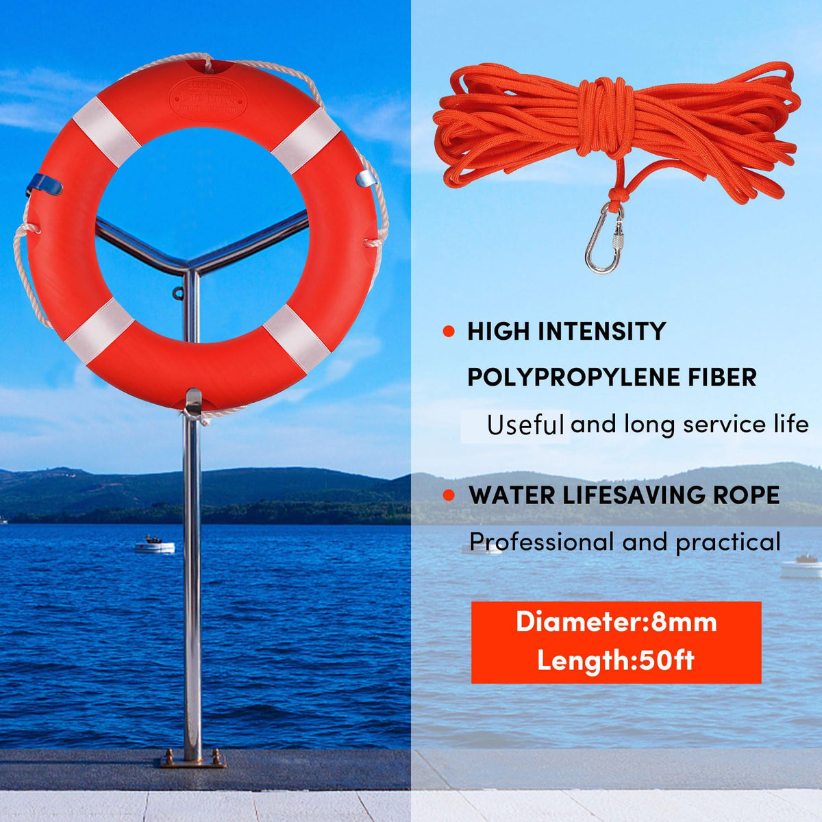 23in Life Ring 2Pack Boat Safety Throw Rings,Life Buoy Ring with Reflective Tape & Grab Lines,Orange Life Preserver Saving Rings,Include Water Floating Saving Rope
