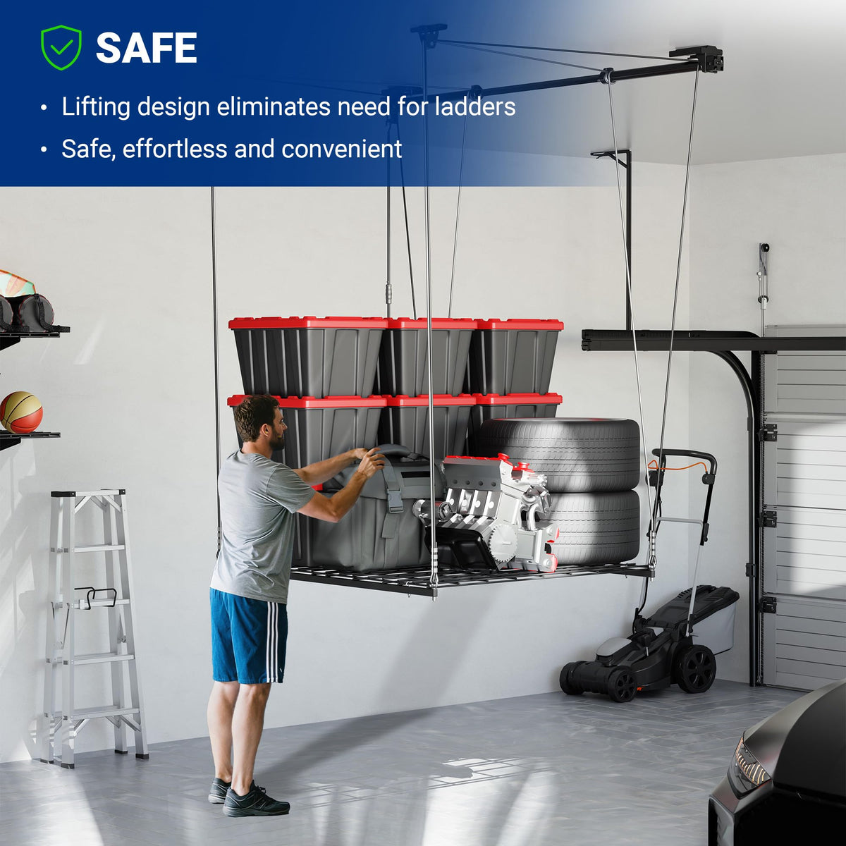 FLEXIMOUNTS GL1 Overhead Garage Lifting Storage Rack, 4x4 Ft Heavy-Duty Metal Garage Ceiling Rack, Adjustable Organization System With 71''L Axle, 350lbs Weight, Black