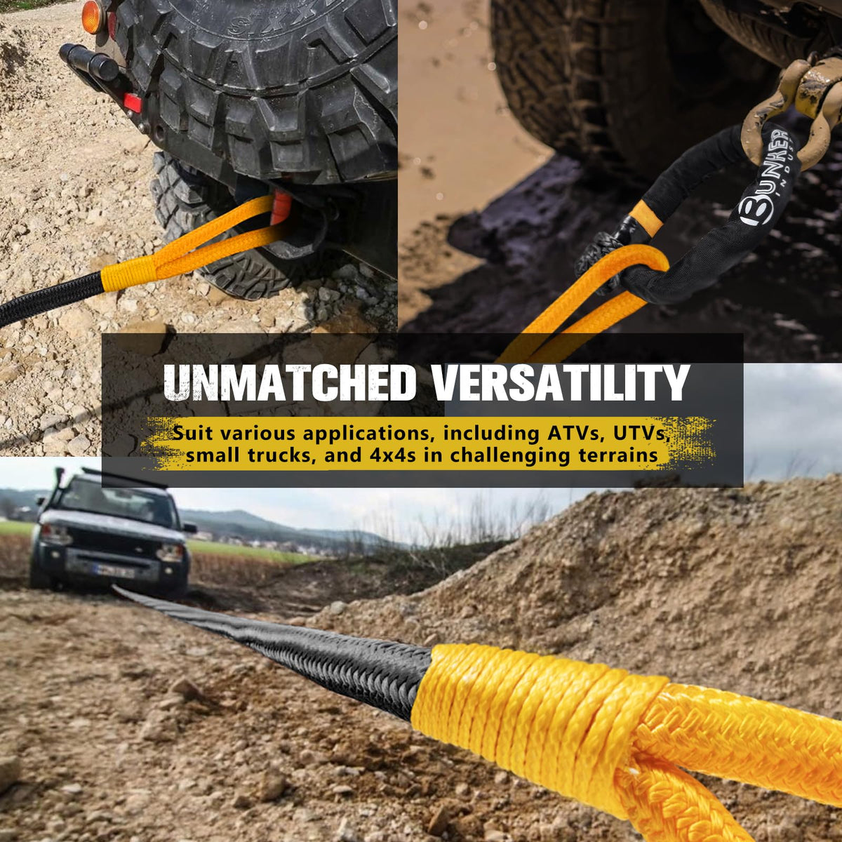 BUNKER INDUST Off-Road Traction Boards (Black) + 3/4in×20ft Kinetic Recovery Rope with 2 Soft Shackles Kit