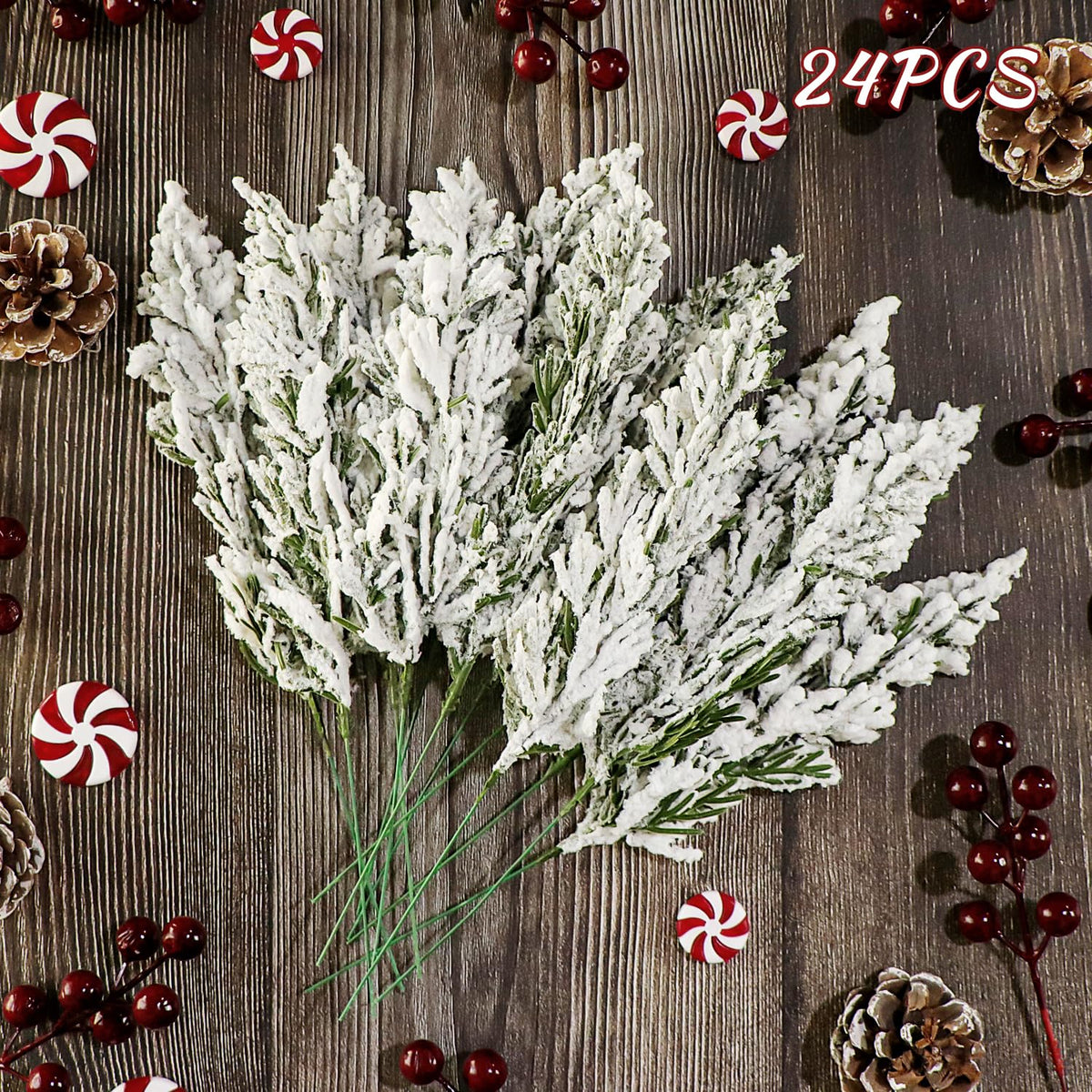 24 Pcs Christmas Snowy Artificial Pine Branches,10.5" Faux Frosted Evergreen Norfolk Pine Sprigs Cypress Leaves Fake Foliage Greenery Picks for Xmas Wreath Making DIY Crafts Decor (24, Snow White)