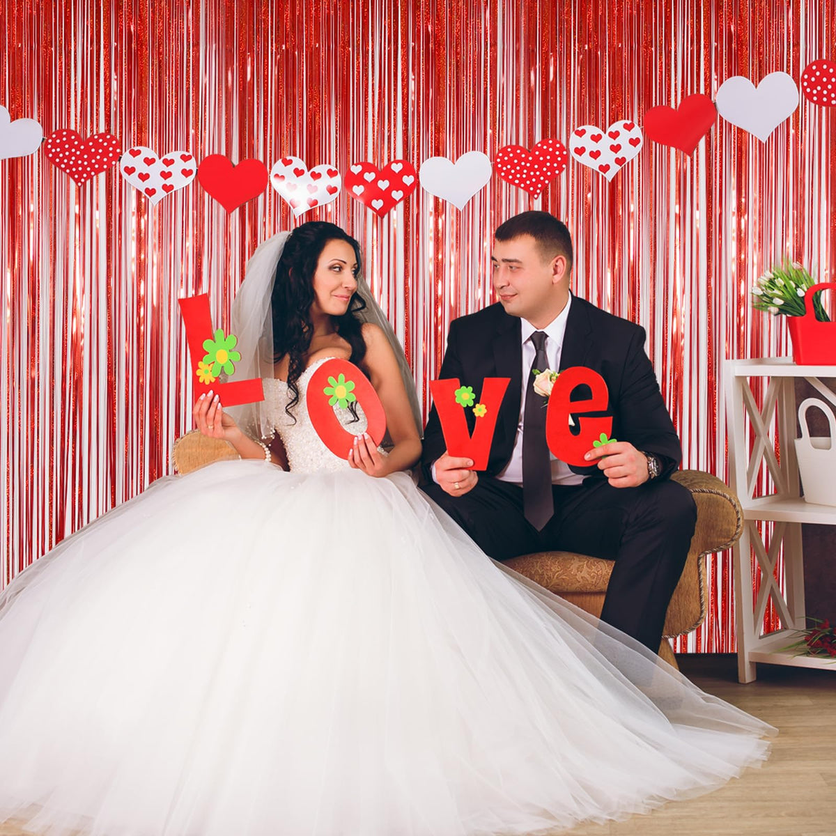 Red Tinsel Curtain Backdrop for Party Decorations - Sparkle Foil Tinsel Fringe Curtains Photo Backdrop Booth (3.2ft x 8ft, 2 Packs)
