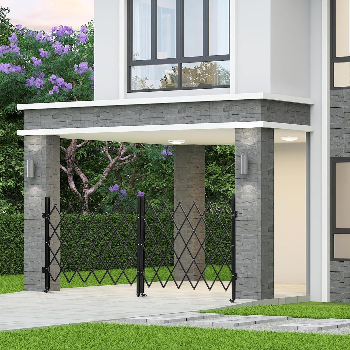 Single Expandable Gate, 64"H x 70"W Folding Security Door Gate, 360° Rolling Barricade Gate, Heavy-Duty Steel Outdoor Retractable Lockable Scissor Gates for Courtyards, Garages, Gardens, Pool