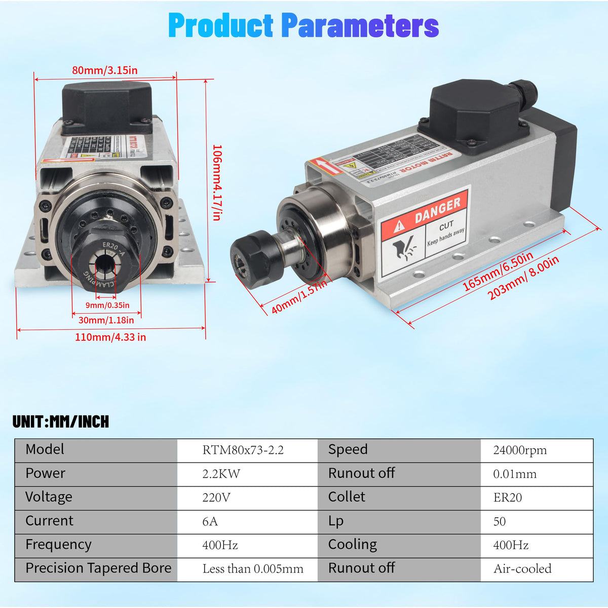 RATTMMOTOR CNC Spindle Motor Kit 220V 2.2KW Square Spindle Motor Air Cooled ER20+2.2KW VFD Inverter 220V Variable Frequency Drive Single to 3 Phase Converter for CNC Milling Machine