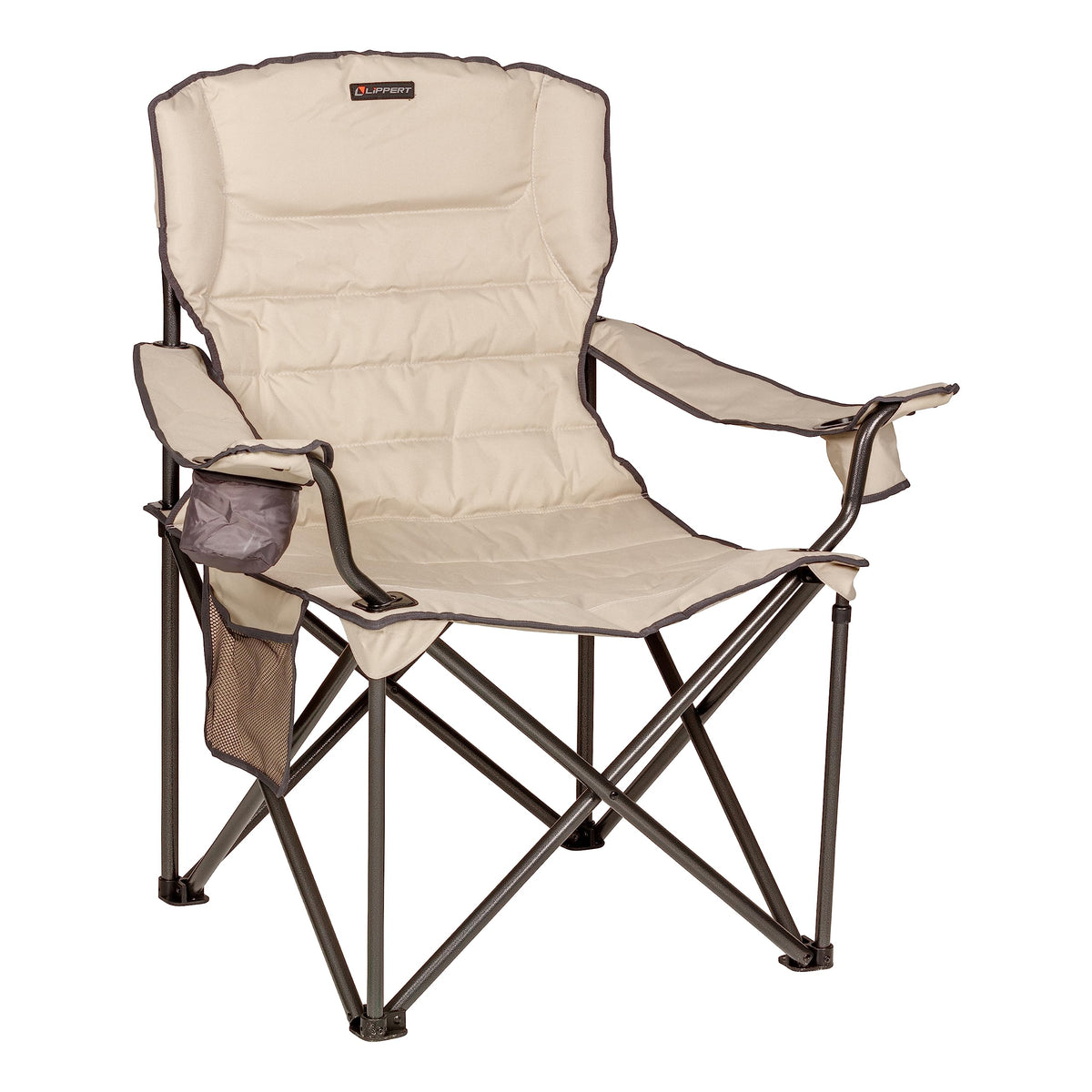 Lippert Campfire Deluxe Folding Chair - Sand, High-Loft, Foldable Cushion Chair, Dual Cup Holders, Power Coated Steel Frame, Durable 600D Outdoor Polyester Fabric, 500 lb. Capacity, 2022114819