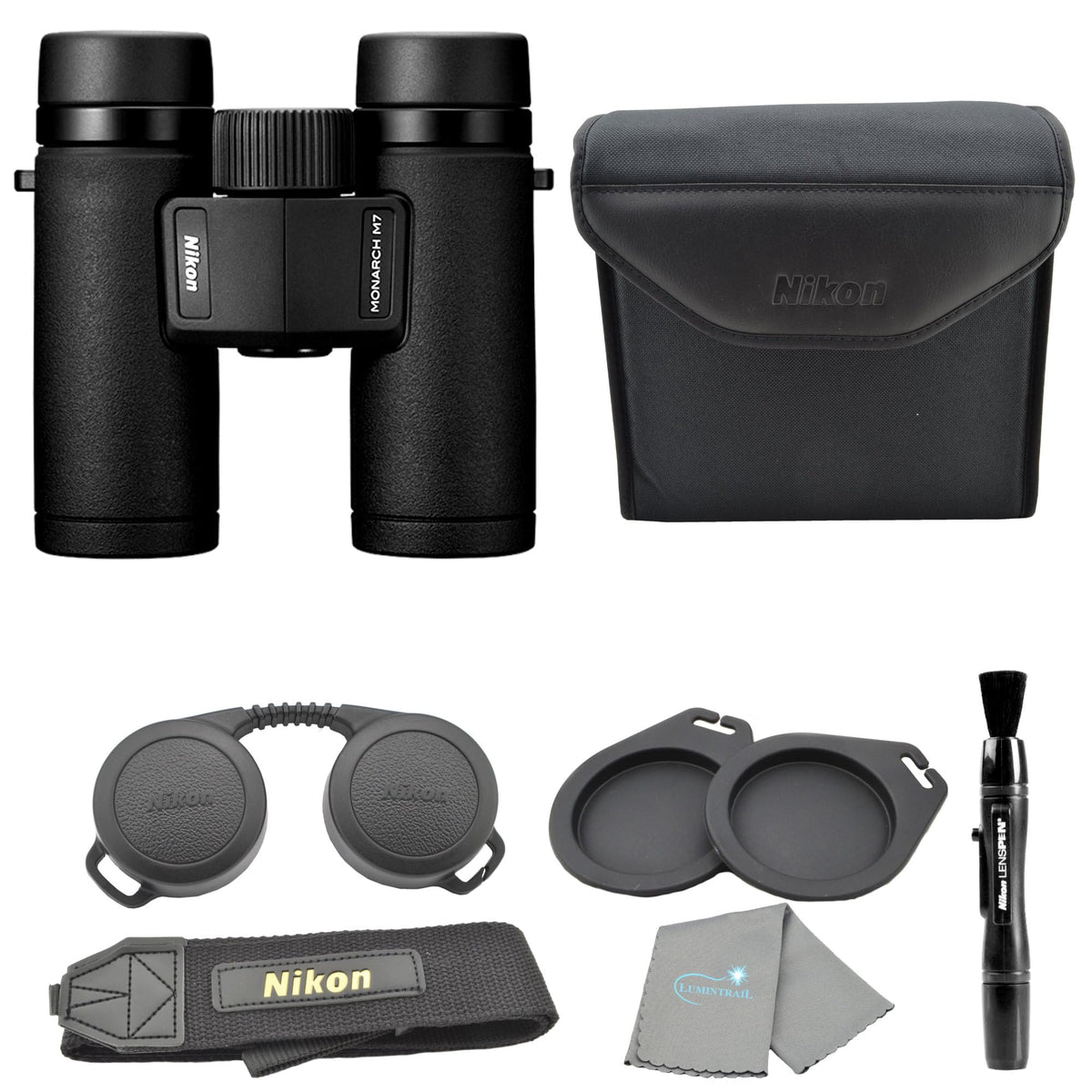 Nikon Monarch M7 8x30 (16763) Black Binoculars Bundle with Lens Pen and Cleaning Cloth, Compact Binoculars for Adults for Hunting, Bird Watching, and Hiking Essentials, Zoom Lightweight Travel