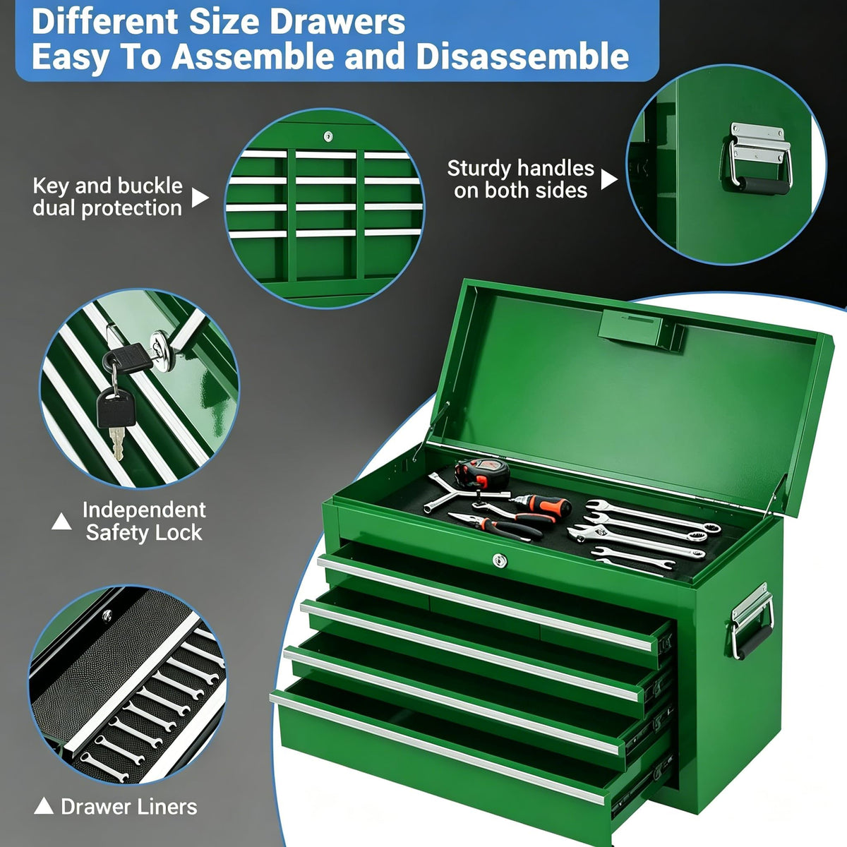 PeakPursuit Rolling Tool Chest, 5 Drawer Heavy Duty Mobile Tool Cart with Locking Wheels and Ball Bearing Slides, Garage Tool Storage Cabinet, Metal Tool Box on Wheels, Green