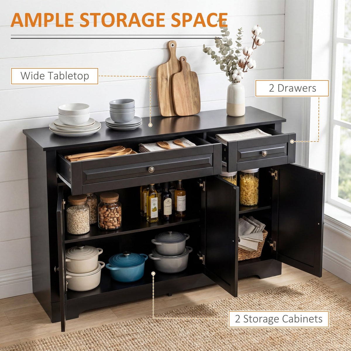 HOMCOM Sideboard Buffet Cabinet, Modern Buffet Cabinet with Storage and 2 Drawers, Coffee Bar Station with Adjustable Shelves for Kitchen, Entryway, Black