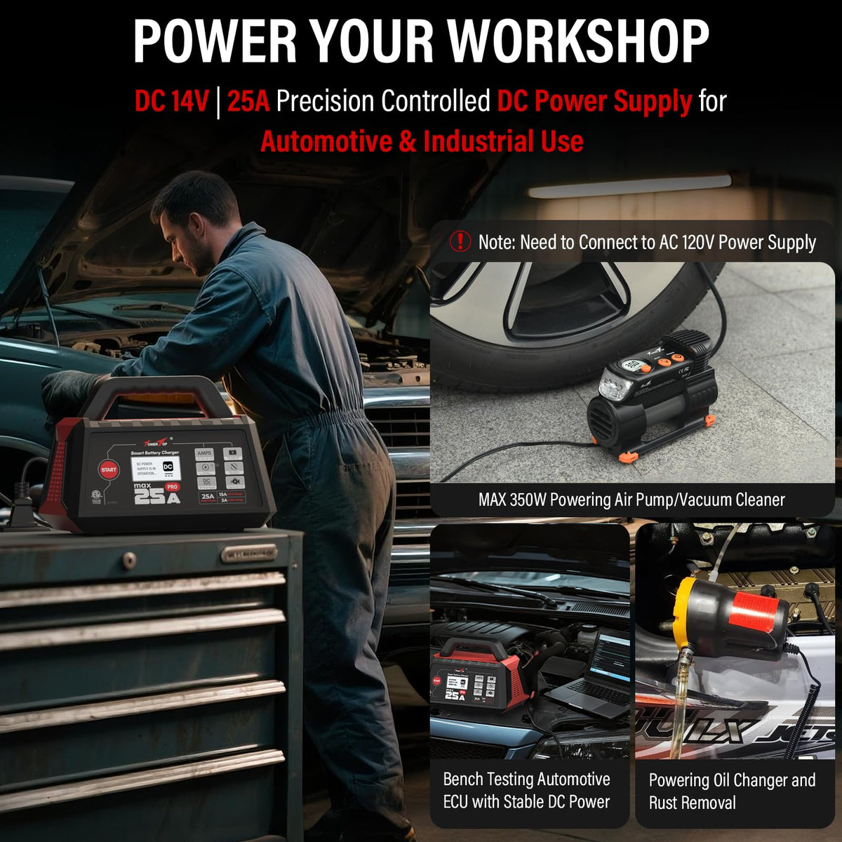TowerTop 25A Max Pro Battery Charger: 12V Fully Automatic Smart Trickle Charger, Automotive Battery Maintainer with Engine Start, DC Supply, Winter Mode, Recondition,Desulfation, for Lead Acid/Lithium