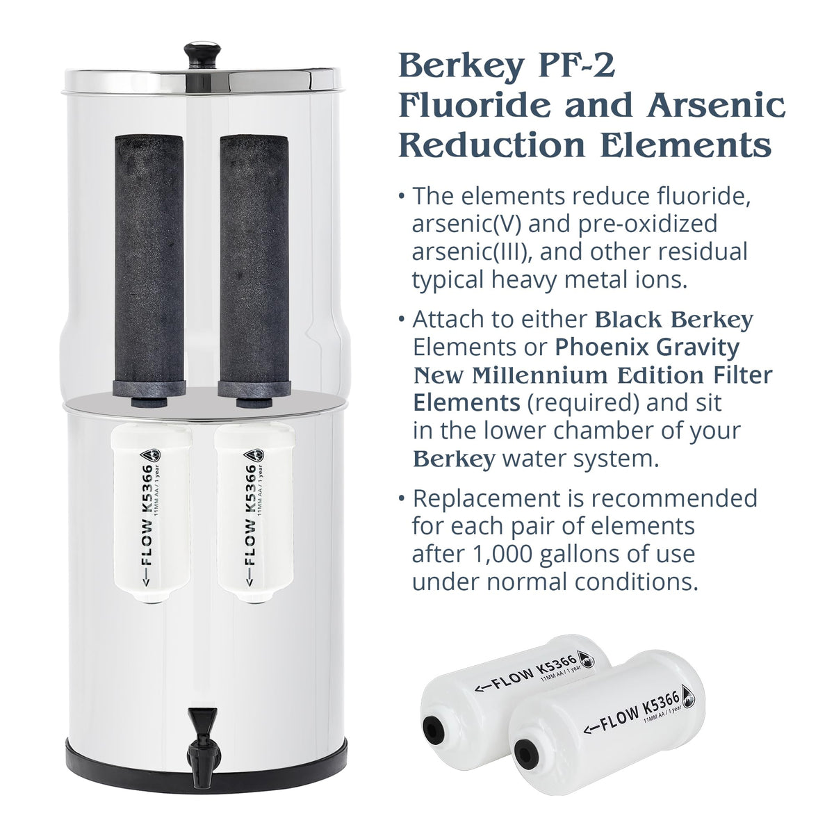Big Berkey Gravity-Fed Water Filter System 2.25 Gallon with 2 Black Berkey Elements, 2 PF-2 Fluoride and Arsenic Reduction Elements