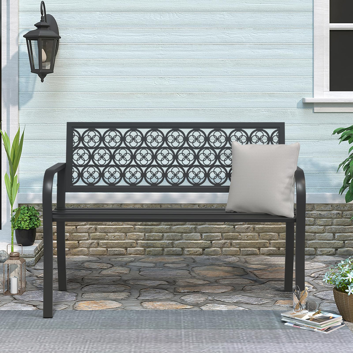 Maemttes 50" Outdoor Bench, Metal Weatherproof Garden Bench Cast Iron Heavy-Duty Patio Bench with Decorative Backrest for Proch Park 880lb Capacity