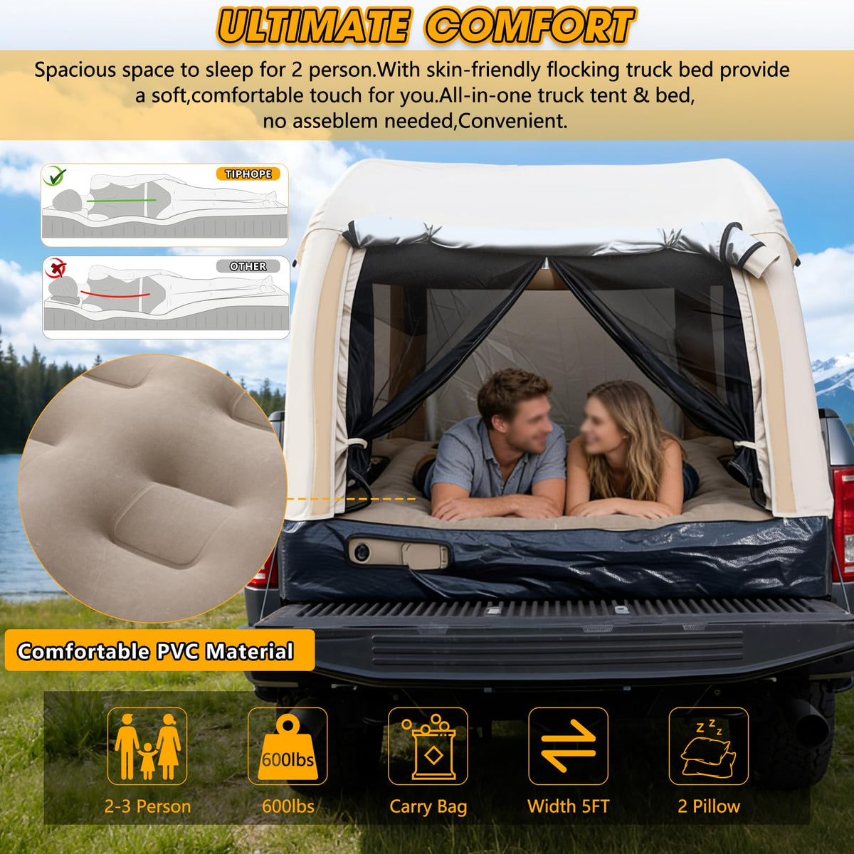 TIPHOPE All-in-One Inflatable Truck Bed Tent with Mattress for 5.5-6.5FT,Built in Wireless Rechargeable Air Pump,3 Mins Fast Setup,Waterproof PU 2000MM Pickup Truck Tent for Camping Road Trip