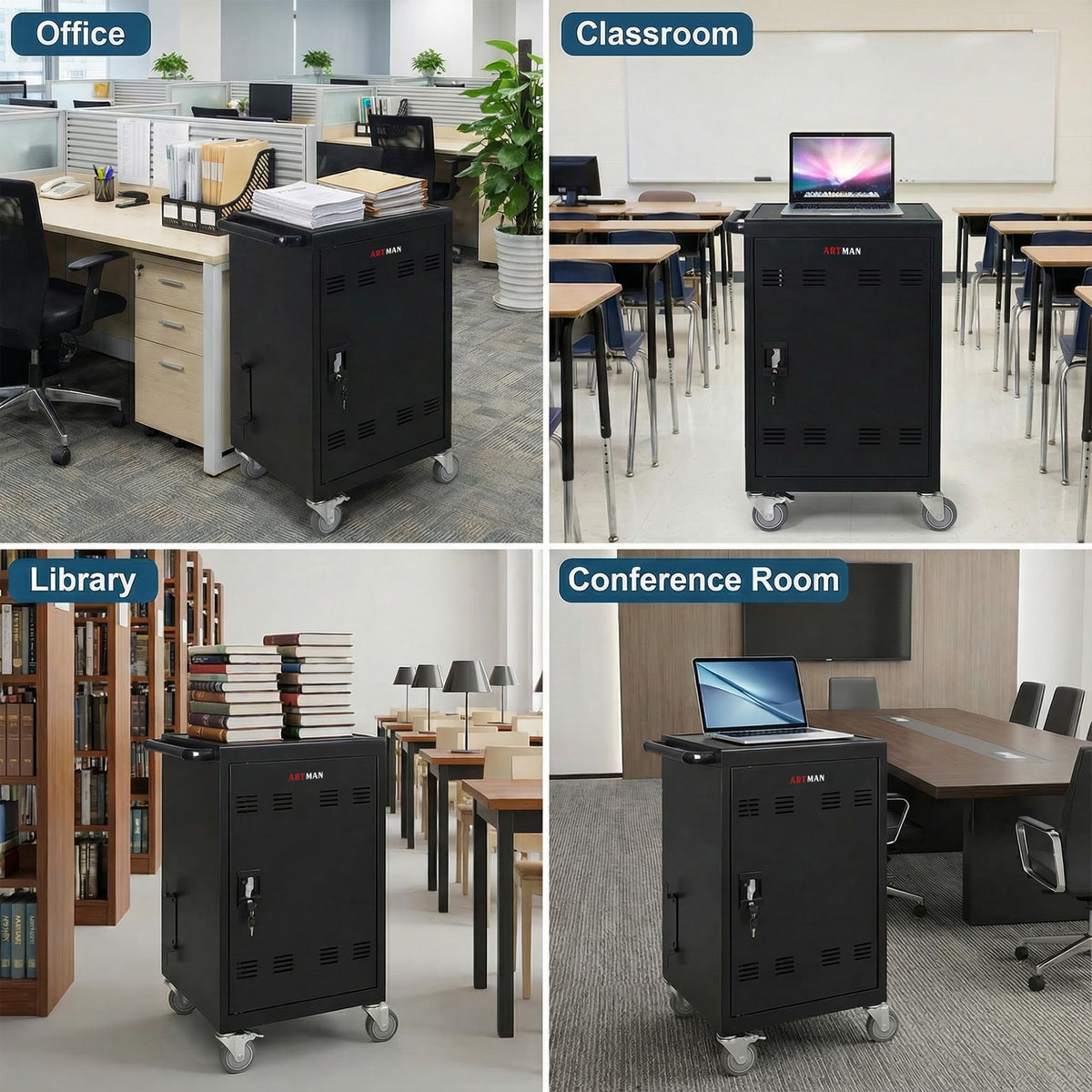 30-Device Mobile Charging Cart with Charging Power Strip and Front and Rear Access Locks, Cable Management, Up to 16.3", Safe Charging Cabinet for Ipads, Chromebooks, Tablets, Laptops Black