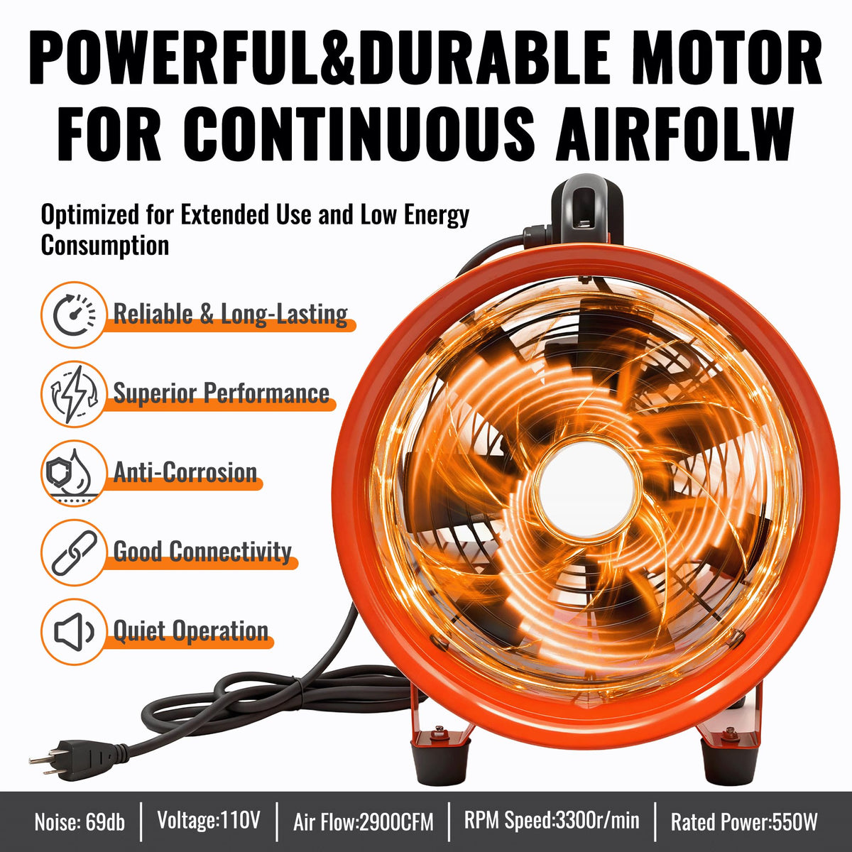 dreamdragon Upgraded 12-Inch Utility Blower Fan，Portable Industrial Exhaust Fan with 33ft Flexible Duct Hose，3300 RPM Low-Noise Ventilator for Workshops Warehouses and Basements