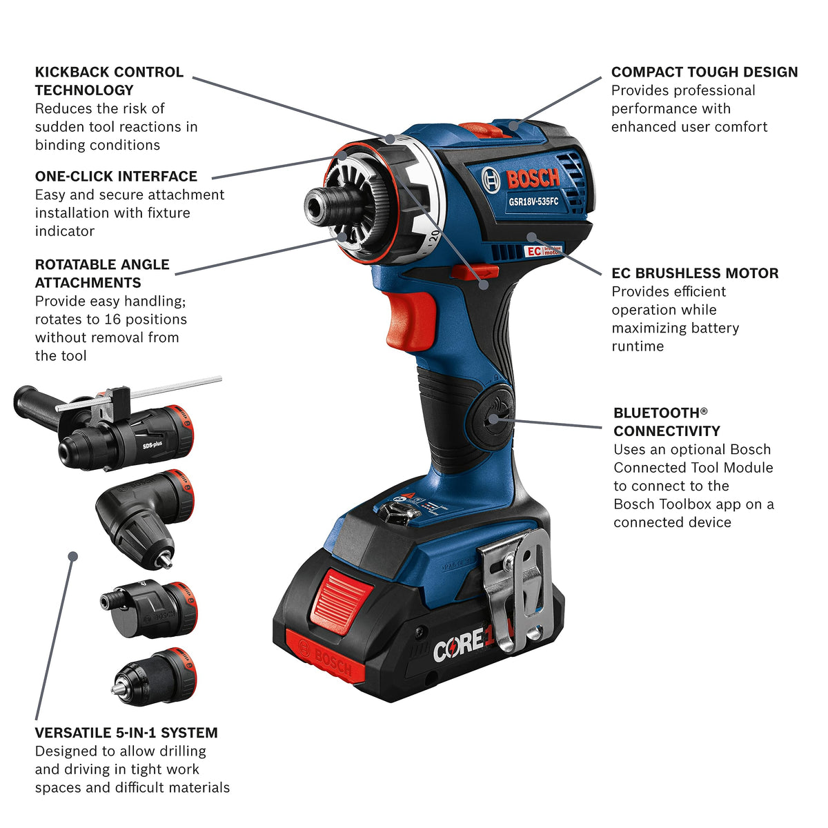 BOSCH GXL18V-270B22 18V Brushless 2 Tool Combo Kit with 5-in-1 Flexiclick Cordless Drill Driver and StarlockPlus Oscillating Multi Tool (Tool Set Includes: CORE18V Battery, Charger & Attachments)