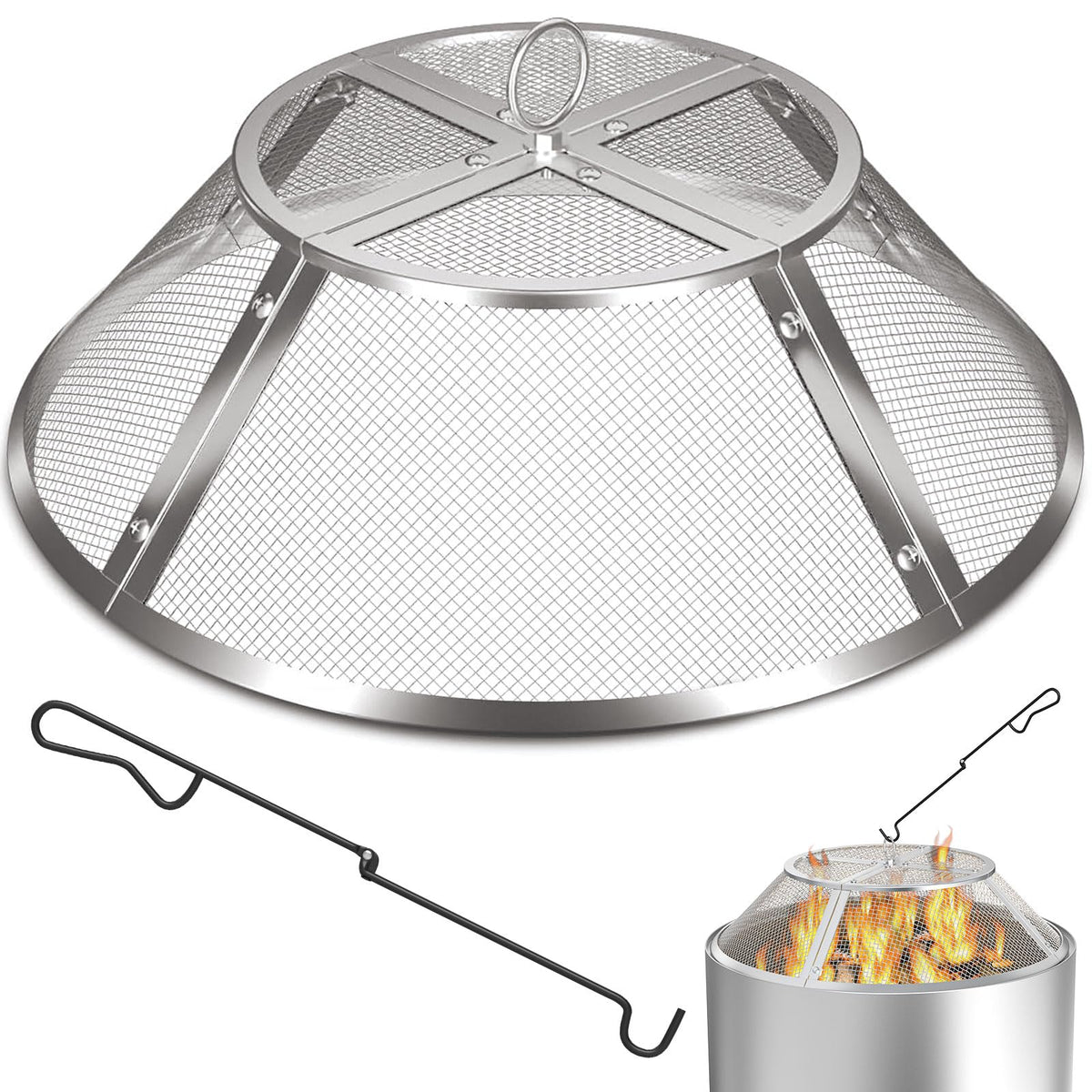Fire Pit Spark Screen for Solo Stove Bonfire Yukon Accessories, 27 Inch Yukon Shield for Solo Stove Accessories, 304 Stainless Steel Detachable Mesh Fire Pit Spark Protector with Grill Function