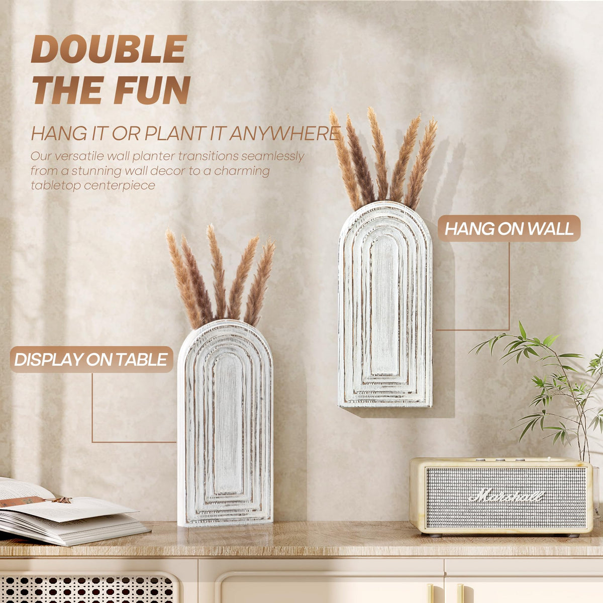 EOSAHR Pine Wood Wall Vases Set of 2 – Farmhouse Wall Decor for Living Room, Bedroom & Office – Hanging Planters for Indoor Plants & Artificial Flowers, Best Boho Chic Decor Accent (Whitewash)